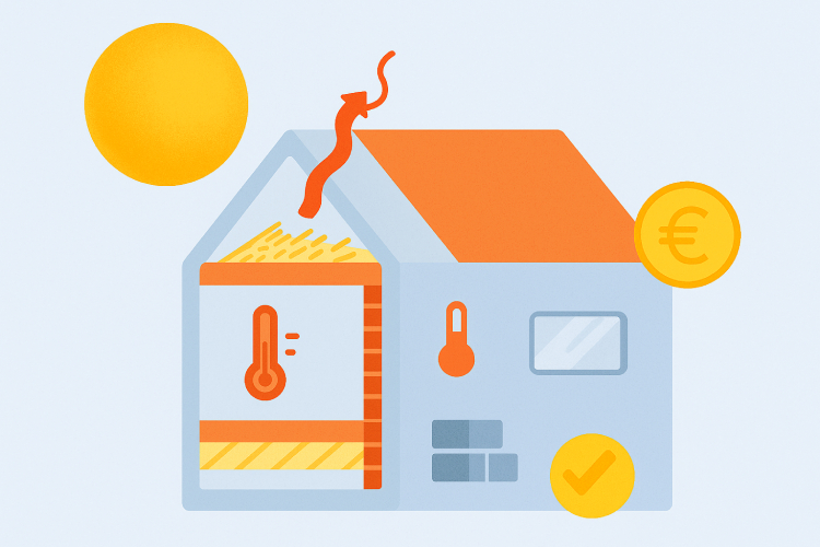 Huis met zon, thermometer, en euroteken symbolen.